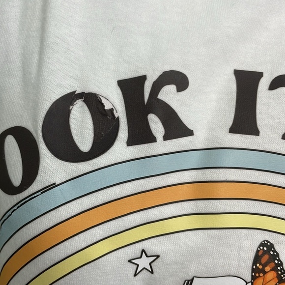 "TAKE A LOOK IT'S IN A BOOK" reading rainbow butterfly tee shirt size large FLAW - Picture 4 of 7